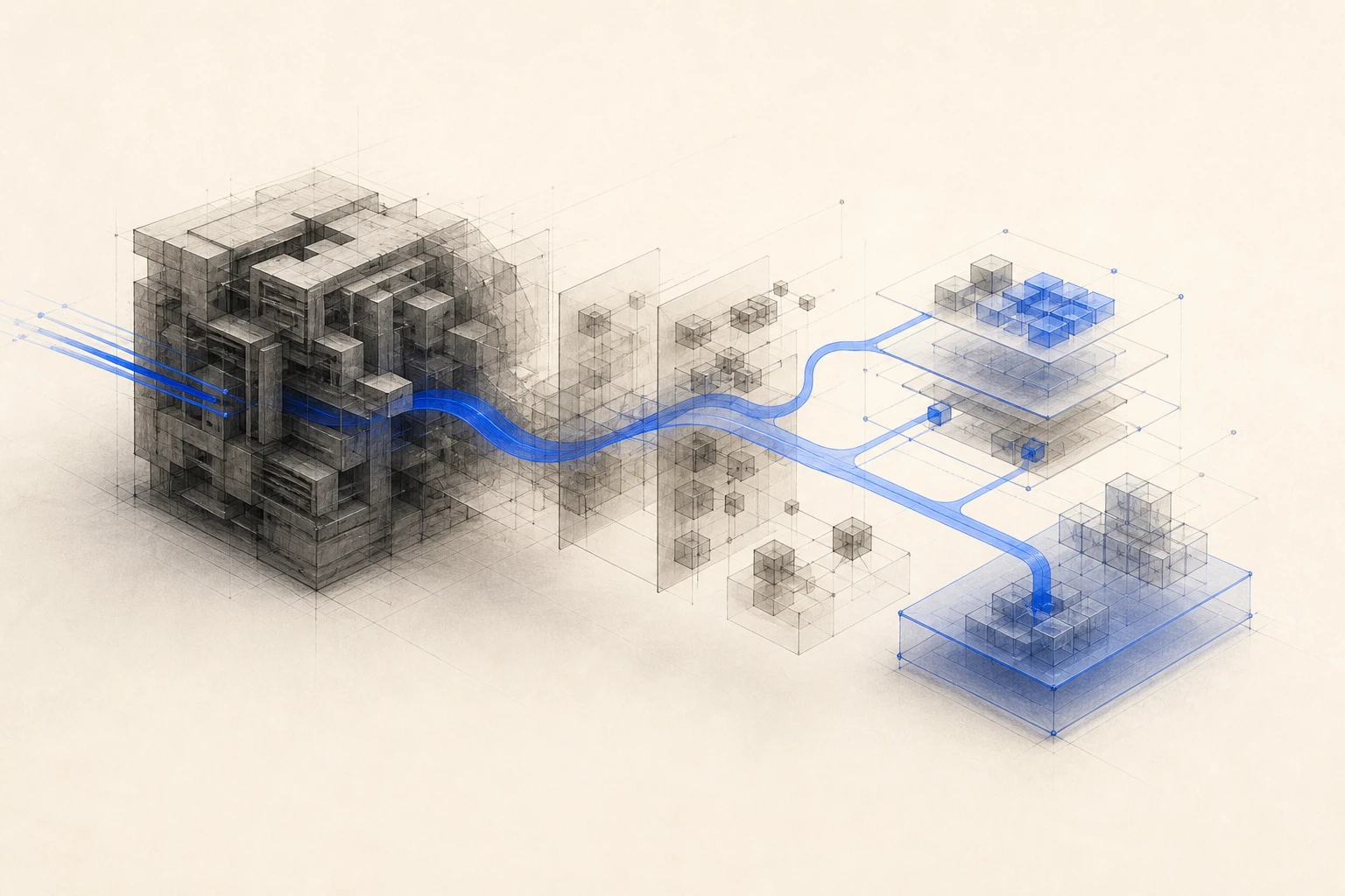 A dense legacy application structure unfolding into modular systems through an unbroken blue migration path