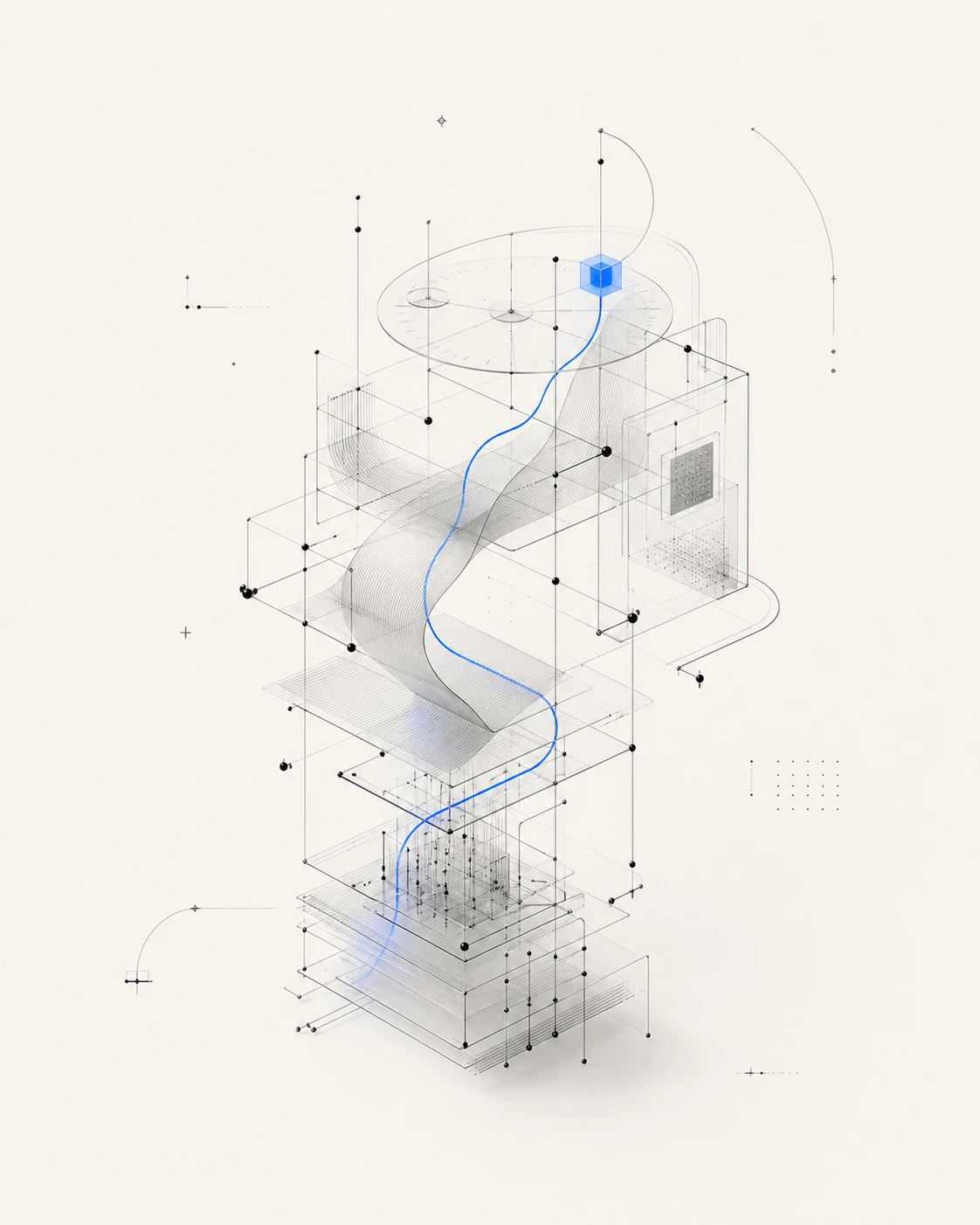 An abstract layered intelligent system connected by a blue signal path