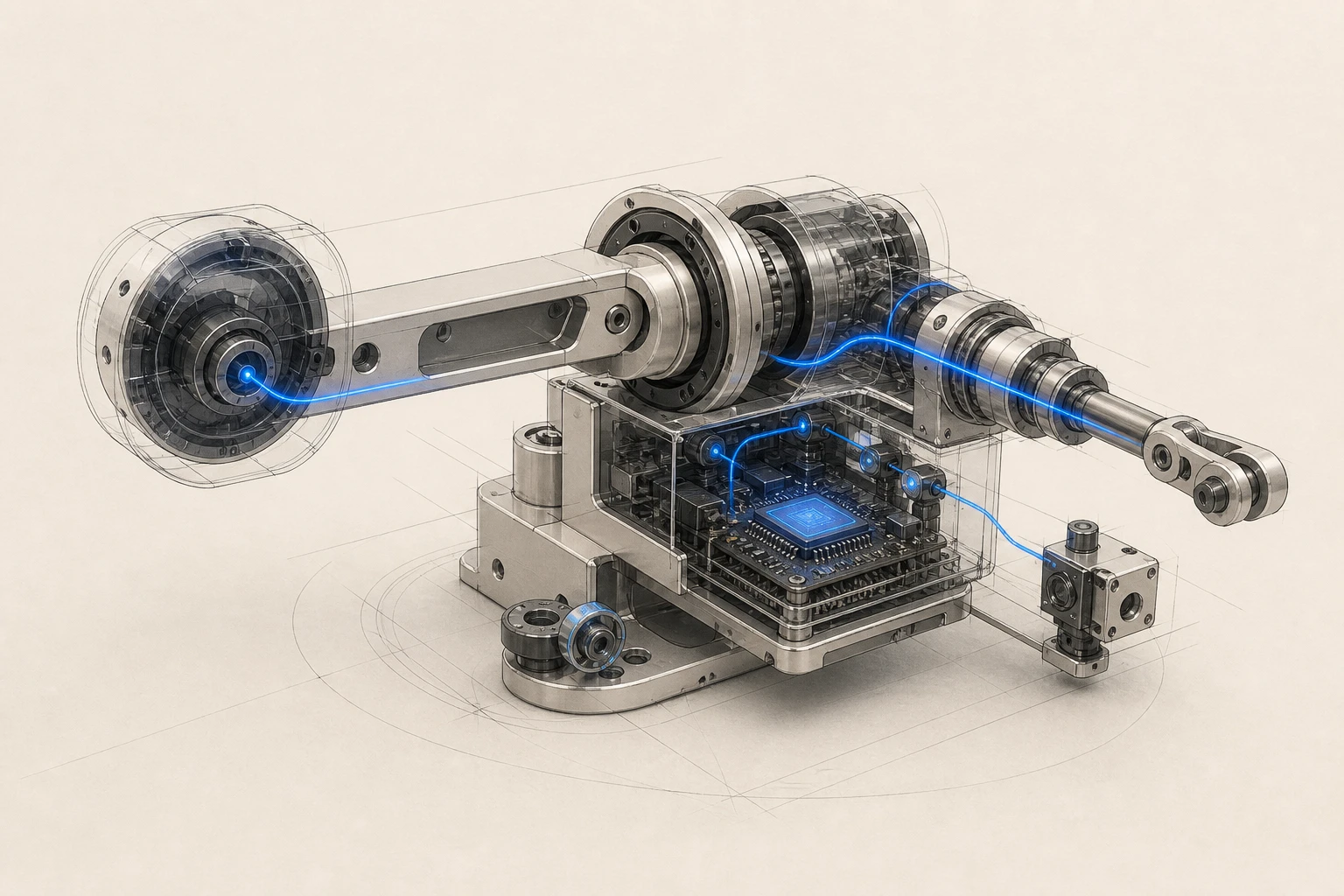 A precision robotic actuator with exposed embedded compute, sensors, and a blue control signal