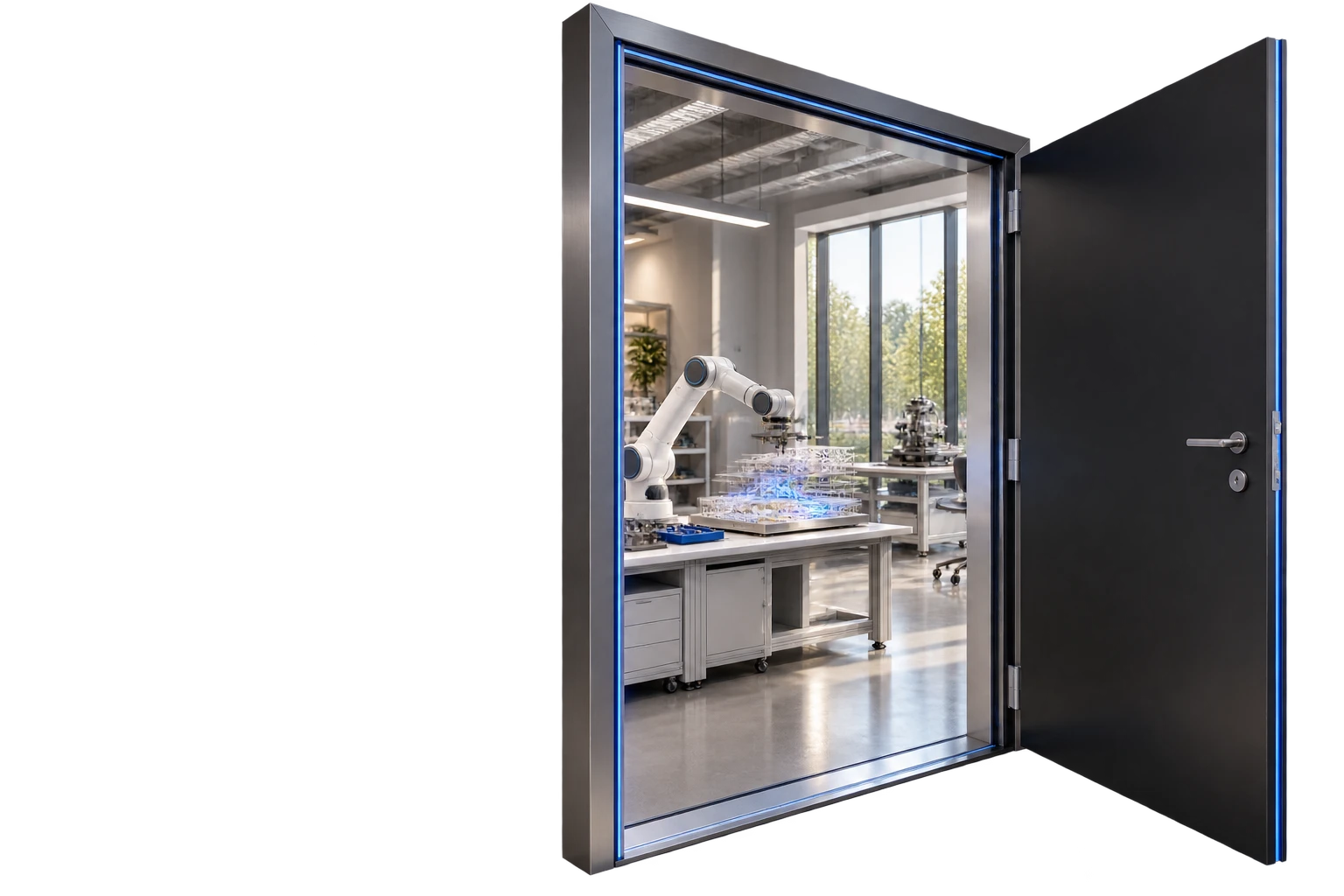 An open precision-engineered doorway revealing an advanced robotics research atelier