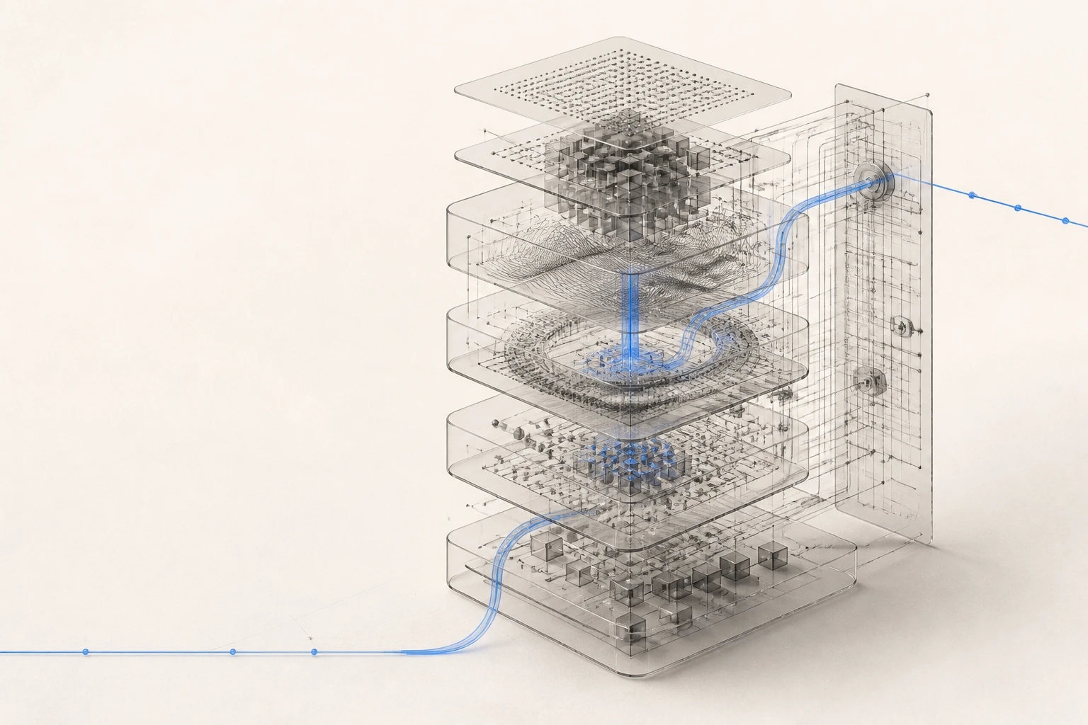 A layered enterprise AI system with model pathways, evaluation planes, and a blue control signal